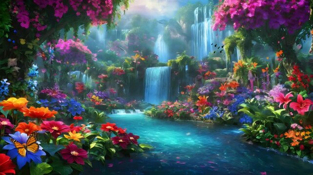 misty waterfall and river landscape nature wallpaper with flowers autumn. seamless looping time-lapse 4K video background	