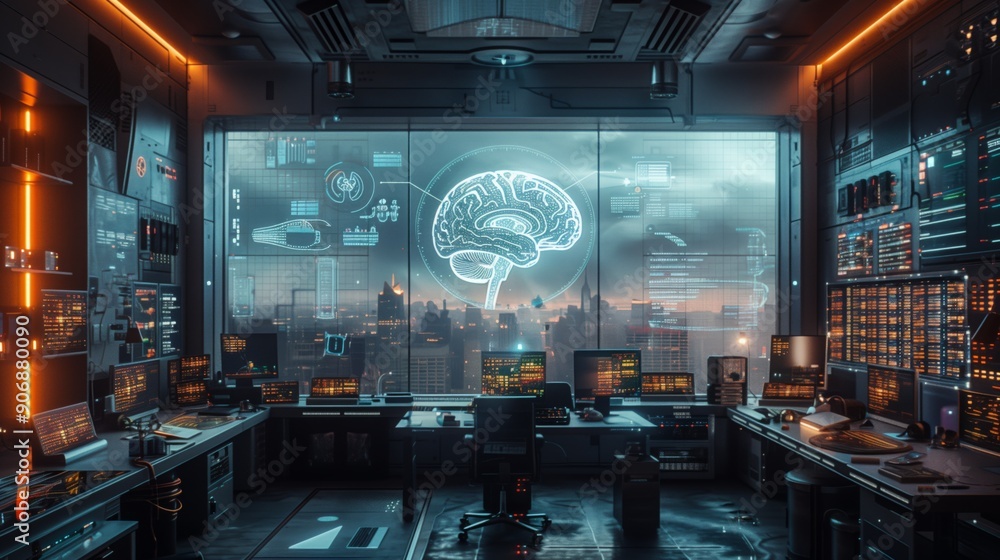 Poster an advanced laboratory features glowing digital screens displaying brain functions as dusk approache