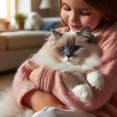 Young girl cuddling a fluffy white cat with blue eyes