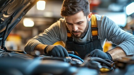 Detailed close-up of a man under the hood of a car, examining the engine. The image captures his focused expression and hands at work, with a blurred background that provides ample copy space.