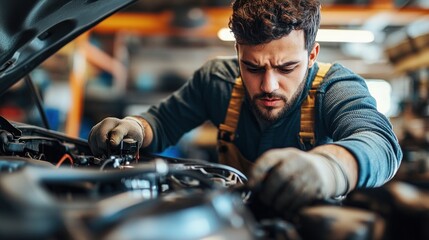 Detailed close-up of a man under the hood of a car, examining the engine. The image captures his focused expression and hands at work, with a blurred background that provides ample copy space.
