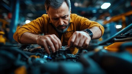 Close-up view of a man adjusting engine components in his car. The image captures his hands and the engine details, with the background intentionally blurred to provide ample copy space.