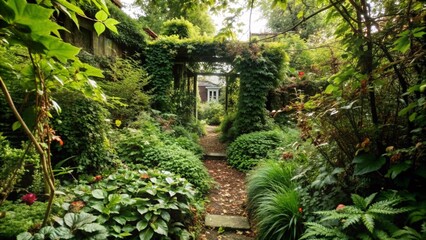 Naklejka premium Overgrown Garden with Hidden Path