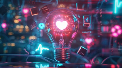 Fototapeta premium Ai light bulb with various neon icons representing business and technology around it, such as a love symbol in the center of the icon, and an electronic chip inside