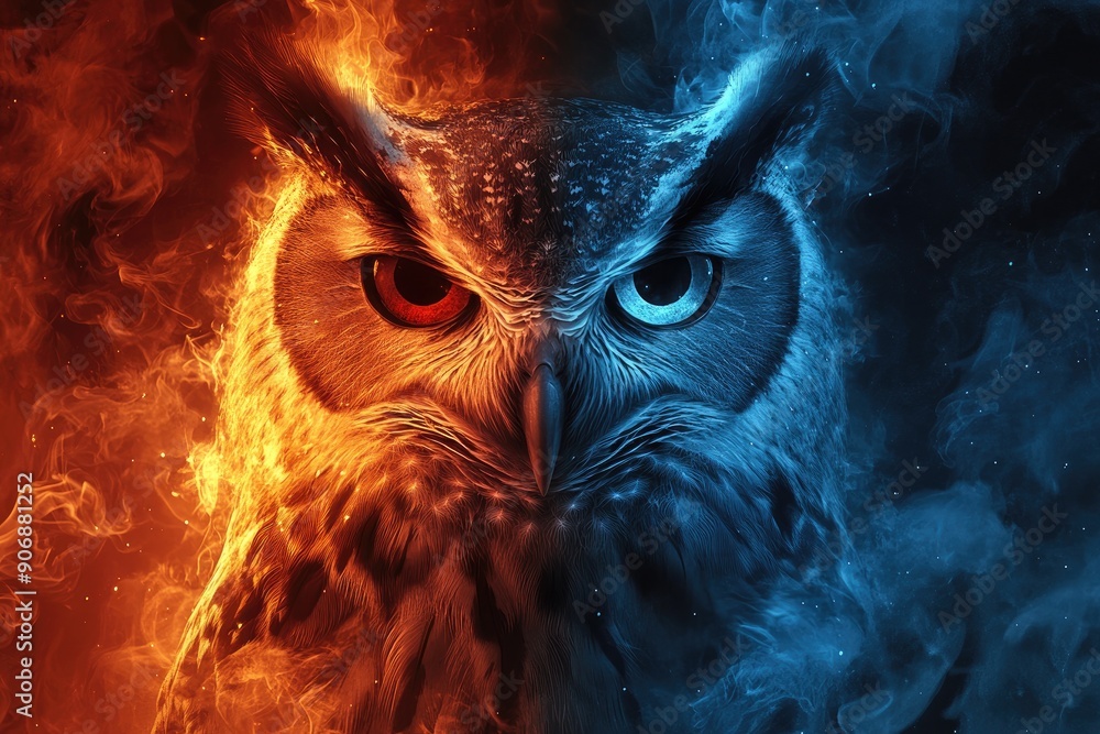 Poster Fiery and Icy Owl in a Whirlwind of Contrasting Elements