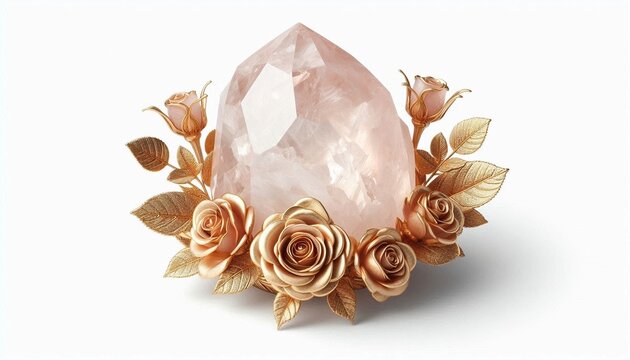 Rose quartz crystal, gold plated leaves and roses, wallpaper, decoration, poster