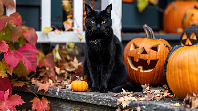 On a dark autumn night, a mysterious black cat with bright eyes and whiskers curiously peers around a pile of colorful pumpkins, embodying the spirit of halloween