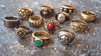 Old Men s Rings Collection on Concrete Background