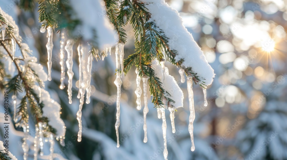 Wall mural close up of snow covered fir tree branches with icicles in winter forest authentic winter spring bac