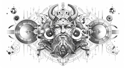 tattoo art line, illustrated in illustrator, perfect generation without design errors, pure white and clean background, A geometric and realistic style tattoo, featuring a combination of mythological.