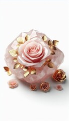 Rose quartz crystal, gold plated leaves and roses, wallpaper, decoration, poster