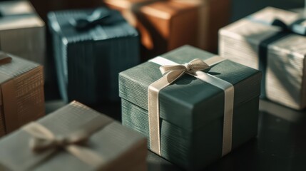 An assortment of themed gift boxes for different occasions, displayed together with sunlight filtering through the display, presents, strange combinations, banner, with copy space