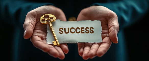 Businessman holding golden key to success written on paper