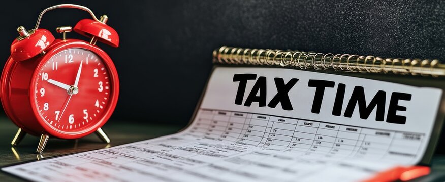Red alarm clock ticking away next to tax forms approaching deadline