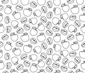 Seamless background with apples. Contour drawings of apples on a white background. Linear drawing of fruits. Endless background