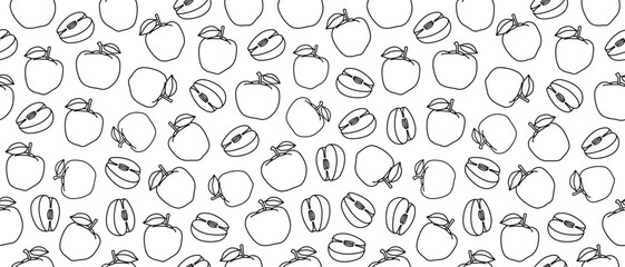 Seamless background with apples. Contour drawings of apples on a white background. Linear drawing of fruits. Endless background