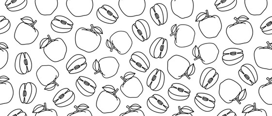Seamless background with apples. Contour drawings of apples on a white background. Linear drawing of fruits. Endless background
