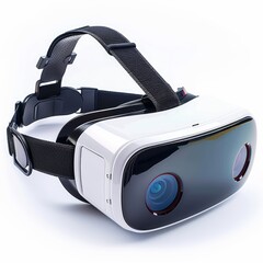 Medium shot of the VR headset, isolated on a white background, bright and vivid tonality 