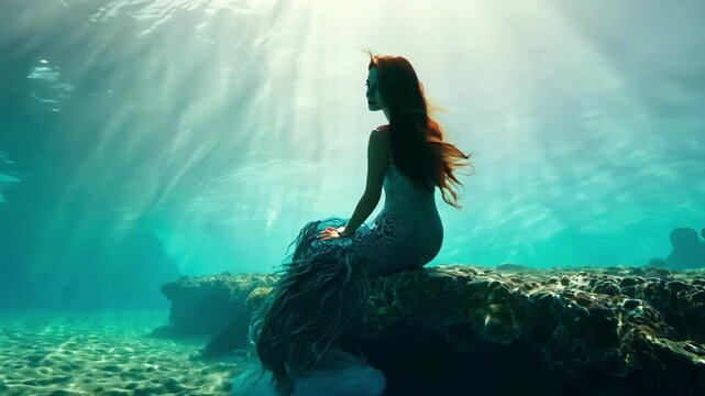 Beautiful redhaired girl sit on rock underwater. Pretty mermaid woman with tail live under clean water. Attractive sexy female model. Nature beauty. Mystical wet fairytale siren creature. Ocean legend