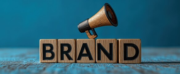 Brand building and brand awareness concept with megaphone on wooden cubes