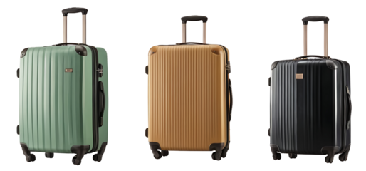 Three hard-shell suitcases in teal, rose gold, and black, ideal for travel agencies, e-commerce websites, or luggage brand advertisements. Transparent PNG.