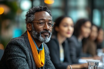 A man with glasses and a scarf is sitting at a table with other people