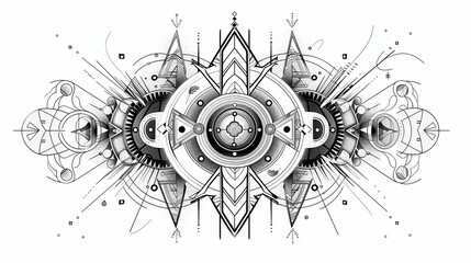 tattoo art line, illustrated in illustrator, perfect generation without design errors, pure white and clean background, A geometric and realistic style tattoo, featuring a combination of mythological.