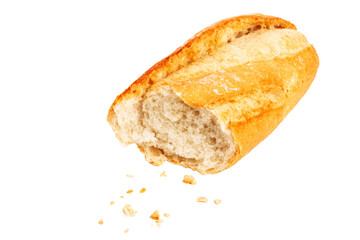 Baguette bread broken in half on empty blank background.