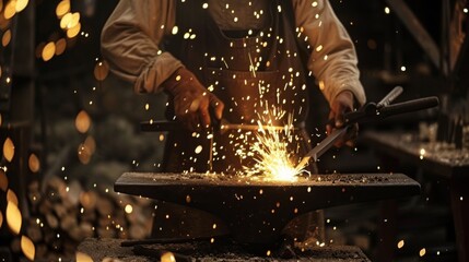 A blacksmith shapes glowing metal, sending sparks flying in a craft workshop illuminated by warm light.