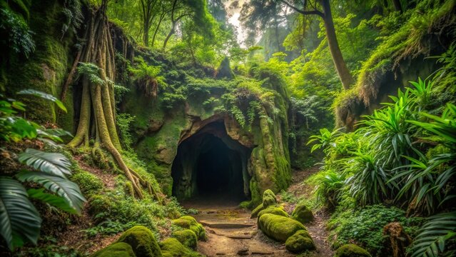 Fototapeta Mysterious Cave Entrance in Dense Forest