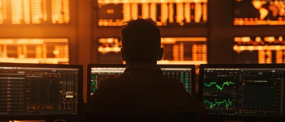 Hedge Funds Style Investment Concept A sophisticated investor reviews complex strategies on multiple screens