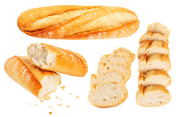 Set of whole and sliced ​​baguette bread on empty blank background.