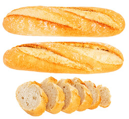 Set of whole and sliced ​​baguette bread on empty blank background.