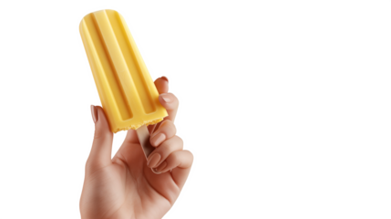A hand holding a yellow popsicle stick isolated on a transparent background