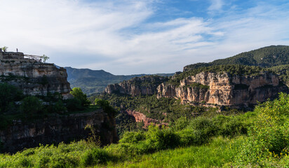 Majestic cliffs rise like ancient citadels, crowned with verdant forest, standing guard over the valley's lush carpet of trees under a serene sky.