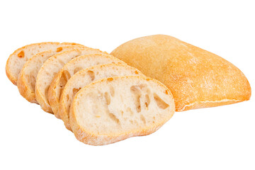 Whole ciabatta bread and slices on empty background.