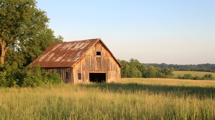 Fototapeta premium Weathered Rustic Barn Nestled in Peaceful Countryside Landscape