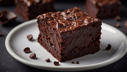 A piece of chocolate brownie on a white plate. Close-up, selective focus.