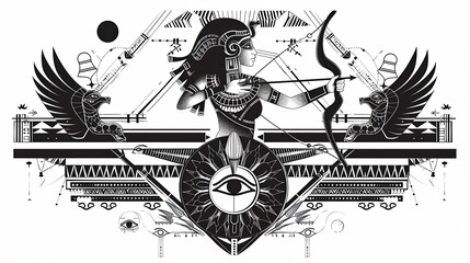 Obraz premium tattoo art line, illustrated in illustrator, perfect generation without design errors, pure white and clean background, A geometric and realistic style tattoo, featuring a combination of mythological 