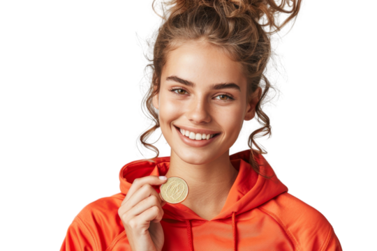 Smiling woman with a curly bun holding a gold medal, wearing an orange hoodie. Celebrating victory and achievement with confidence.