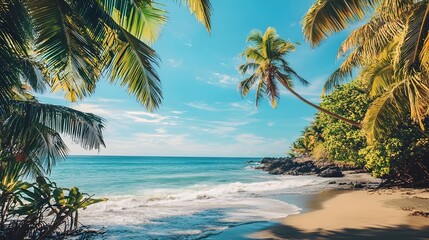 Fototapeta premium Stunning Tropical Beach Oasis Offers Serene Escape with Turquoise Waters and Palm lined Shores