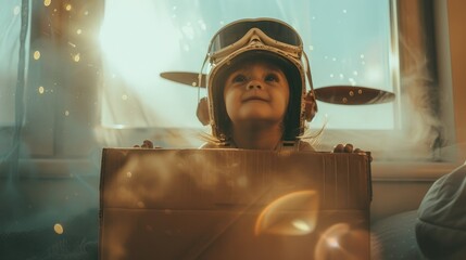 A happy child dressed as an aviator is sitting in a cardboard box with a wooden airplane toy, concept of creative imaginative child flying around the room