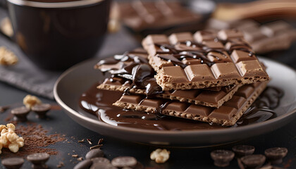 Hot dark chocolate on wafer, closeup. Crispy food