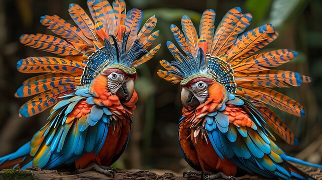 two colorful birds with feathers