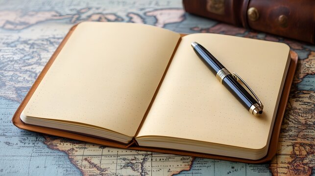 Travel Journal: A beautifully designed travel journal open to a blank page, with a pen and a world map in the background.