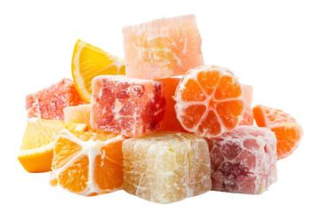 A vibrant mix of frozen fruit cubes and citrus slices stacked together, showcasing freshness and a variety of colors.