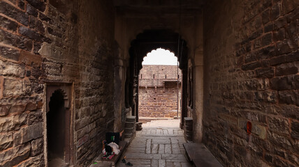 India, Madhya Pradesh, Shivpuri, The Huge Entrance Gate Built by Red Stones of Narwar Fort, The Ancient 10th Century Fort.