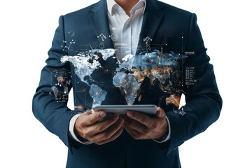 Business professional using tablet with digital world map overlay, representing global communication, technology, and data analysis.