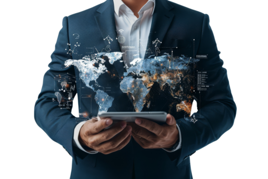 Business professional using tablet with digital world map overlay, representing global communication, technology, and data analysis.