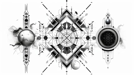 tattoo art line, illustrated in illustrator, perfect generation without design errors, pure white and clean background, A geometric and realistic style tattoo, featuring a combination of mythological.